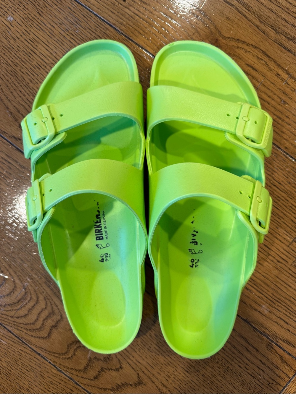 Birkenstock Menโs Size 13 Neon Lime Green Two-Strap Sandals